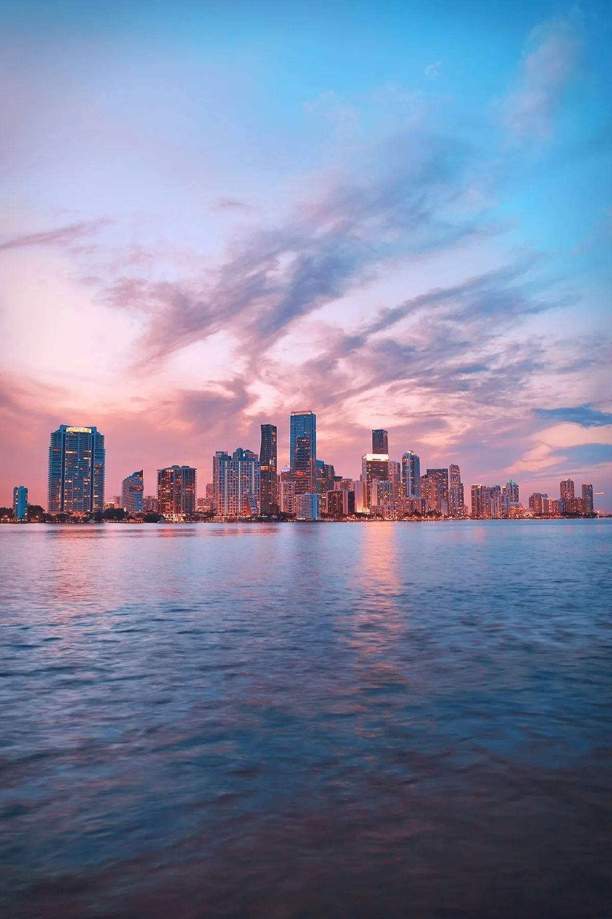 Miami skyline across the water at dusk